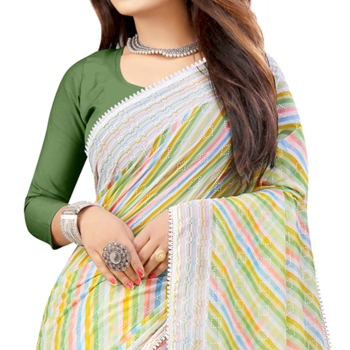 Green Striped Printed Georgette Saree