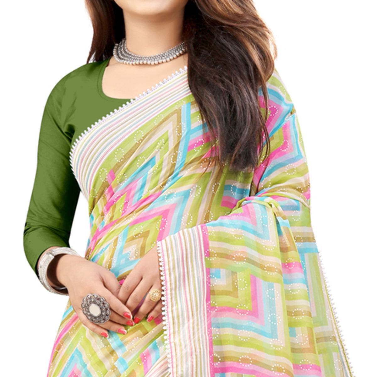 Light Green Checked Printed Georgette Saree