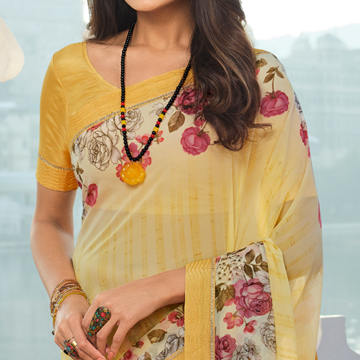 Yellow Floral Printed With Embroidered Border Georgette Saree