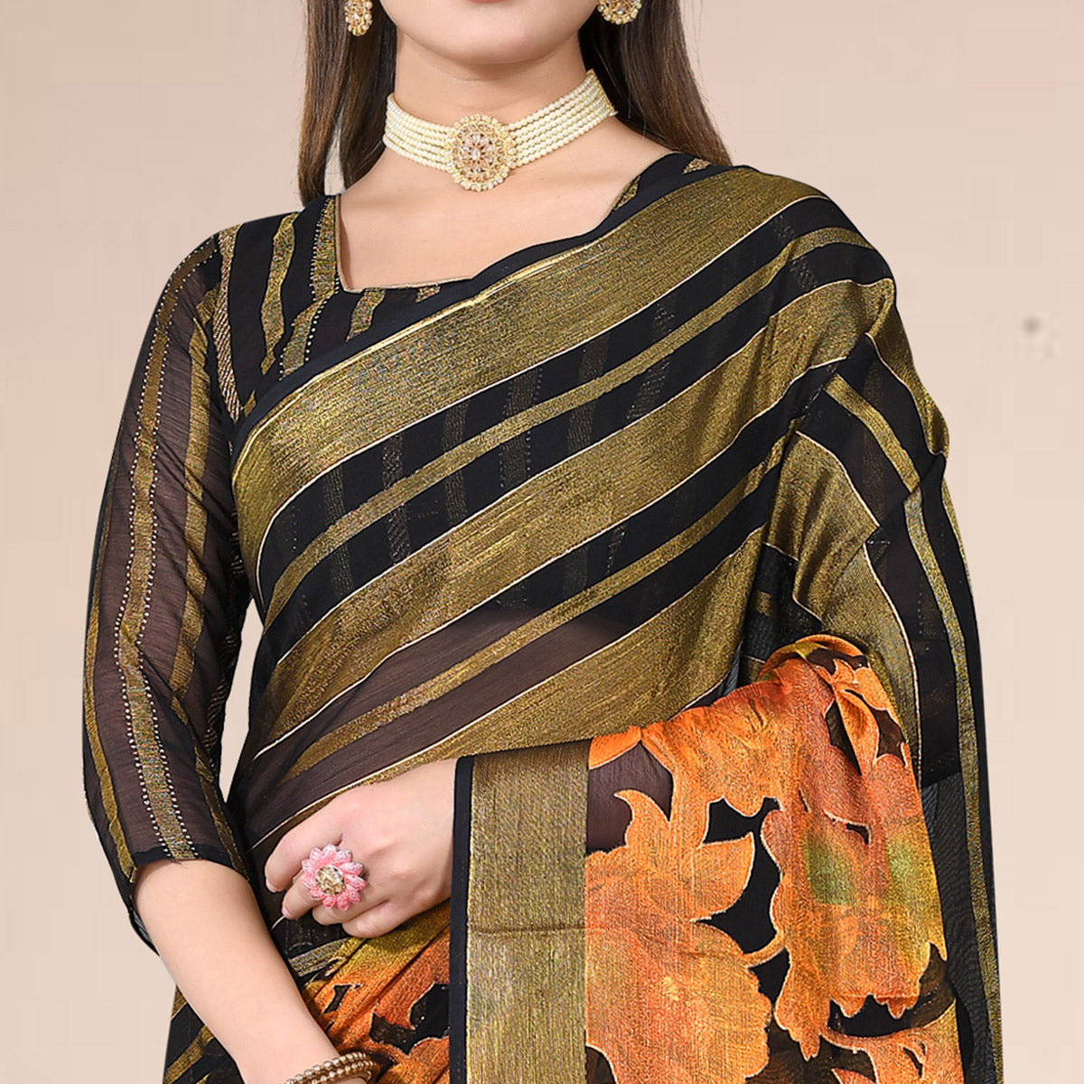 Black Floral Printed With Zari Work Brasso Saree