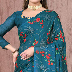 Blue Floral Printed Chiffon Saree