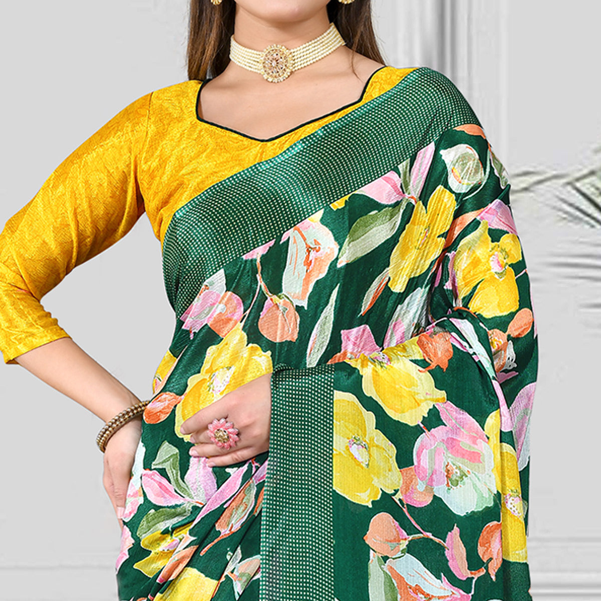 Green & Yellow Floral Printed Chiffon Saree