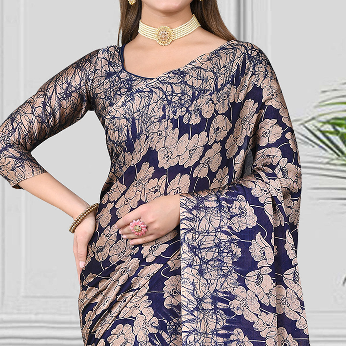 Navy Blue Floral Printed Chiffon Saree