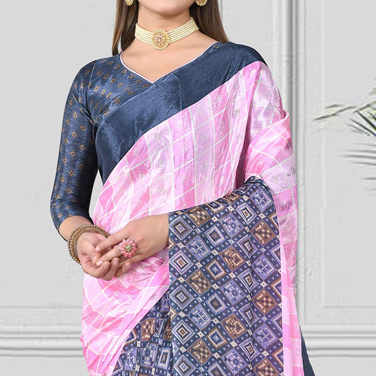 Pink & Grey Geometric Printed Chiffon Saree