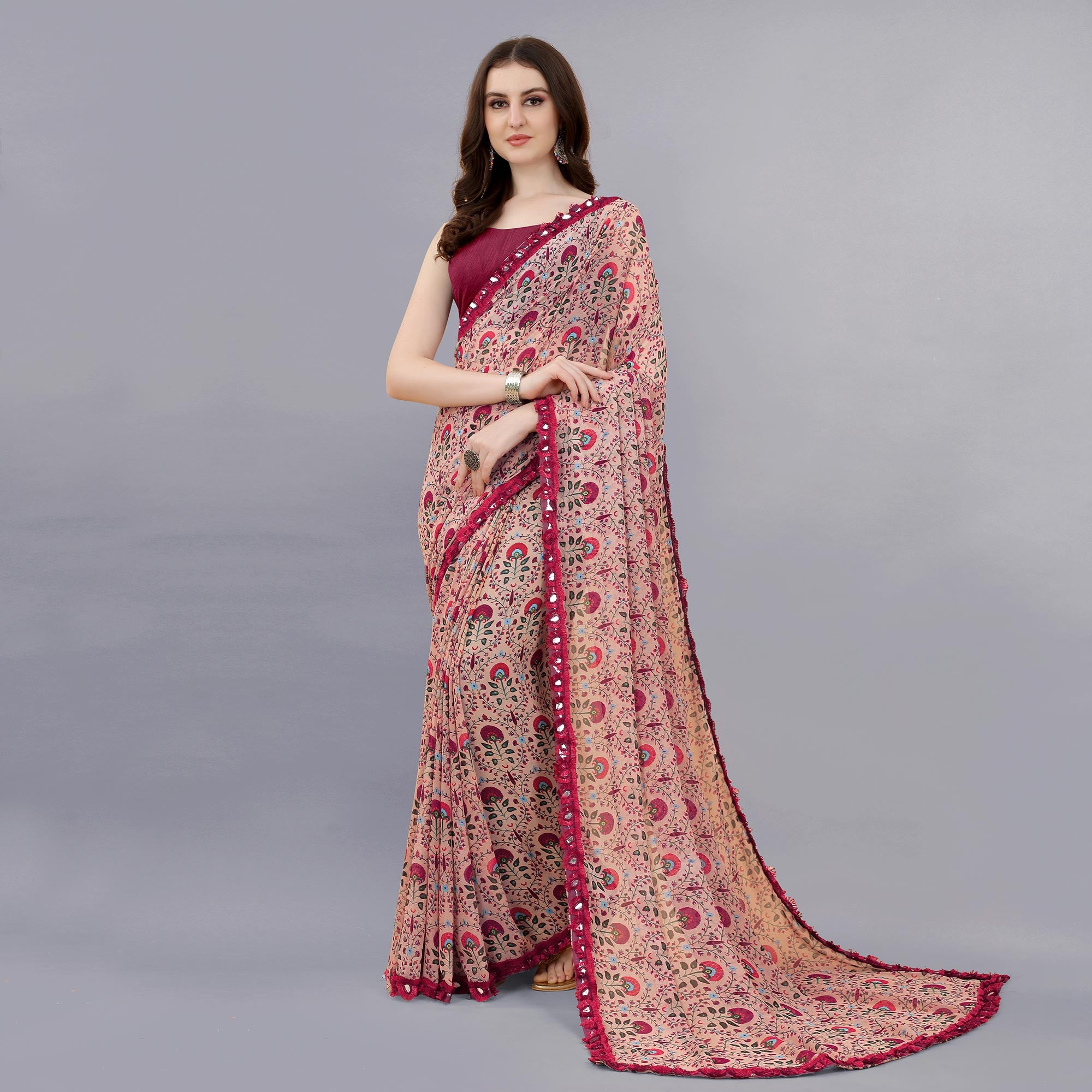 Beige Floral Printed Georgette Saree