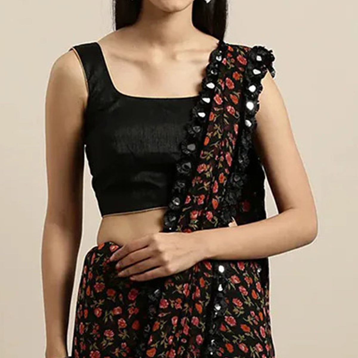 Black Floral Printed Georgette Saree