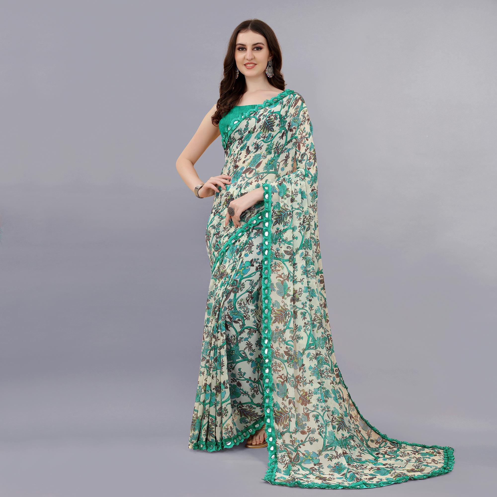 Cream Floral Printed Georgette Saree