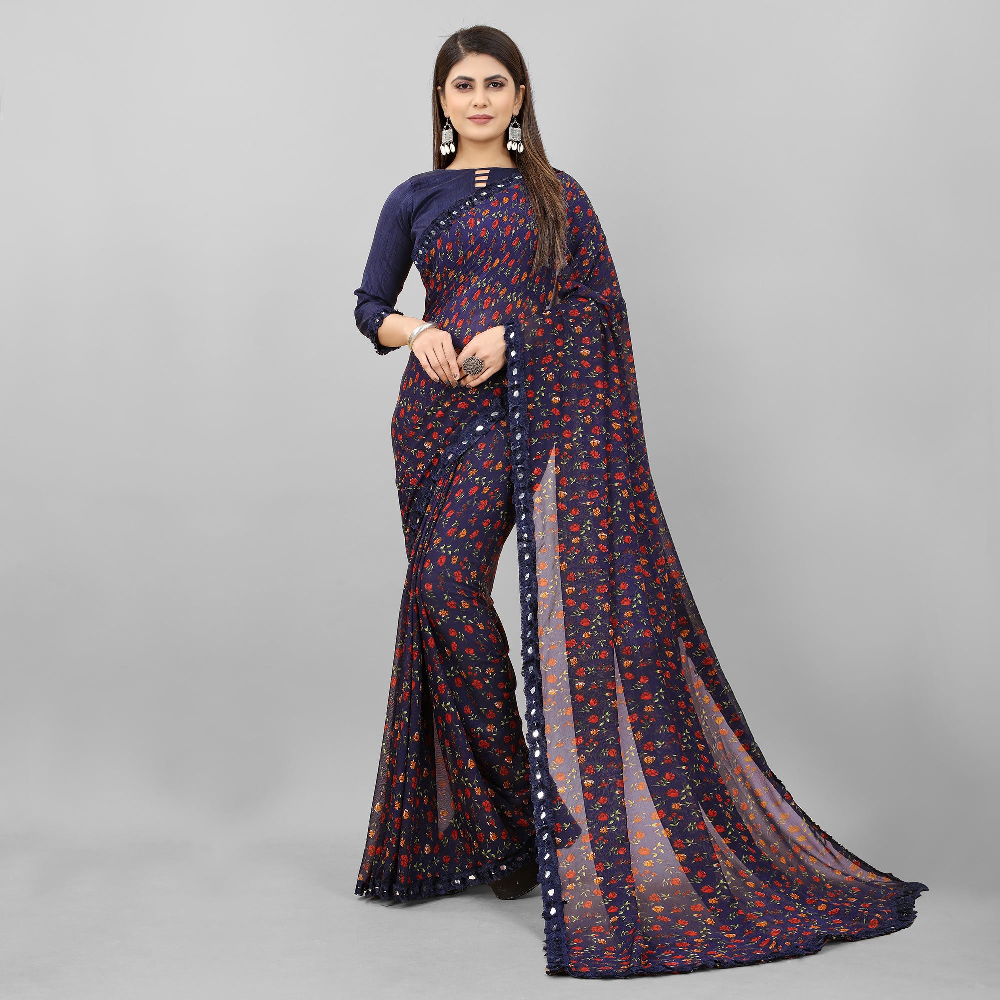 Navy Blue Floral Printed Georgette Saree