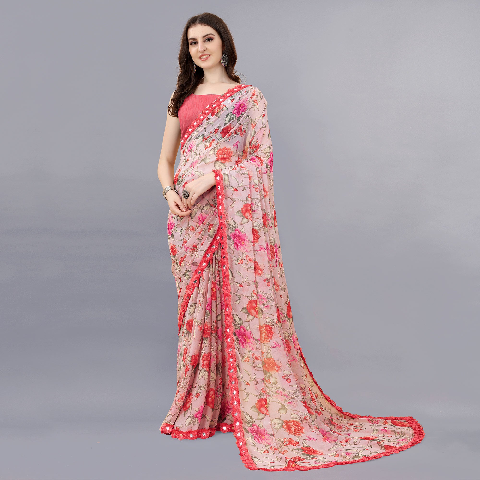 Peach Floral Printed Georgette Saree