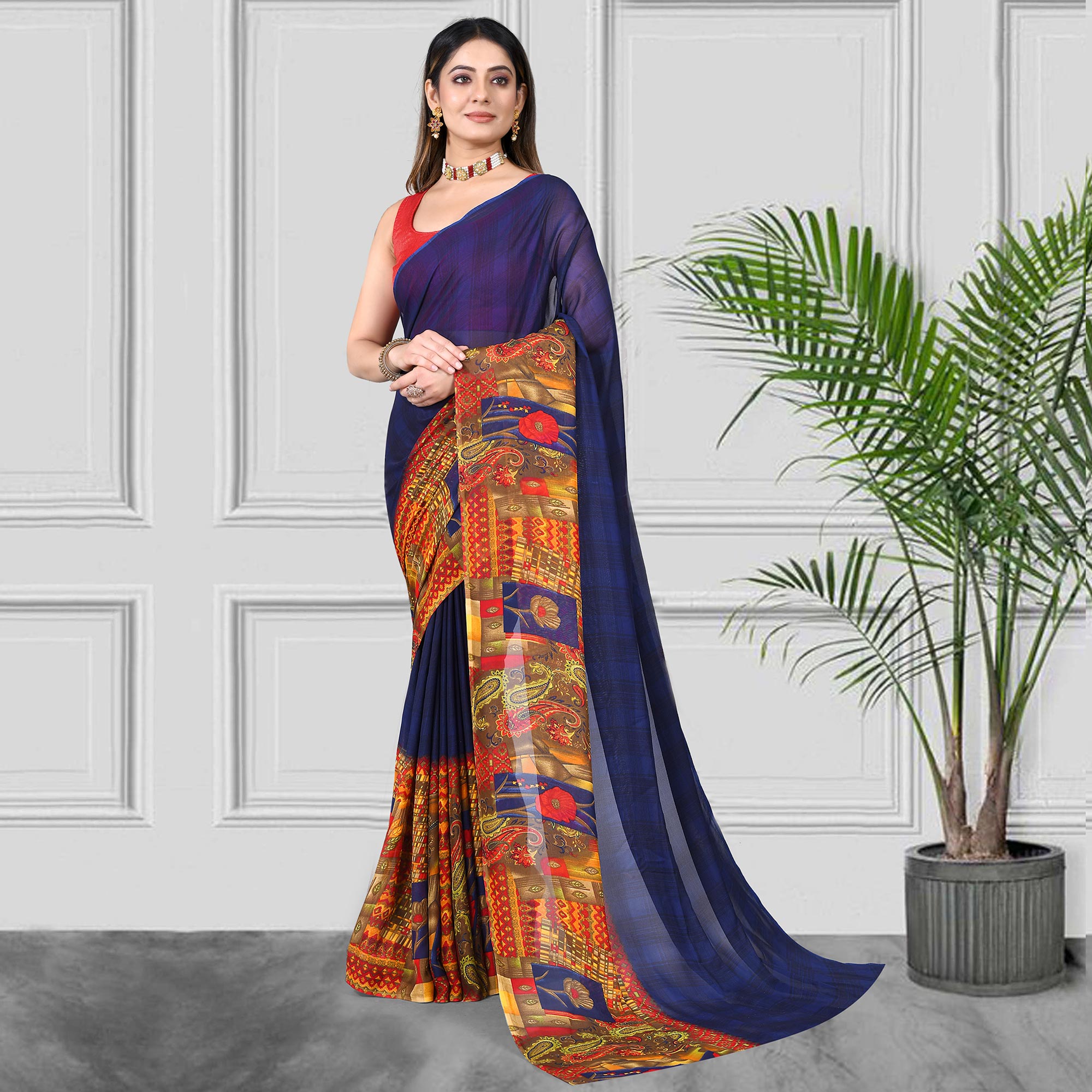 Blue Floral Printed Georgette Saree