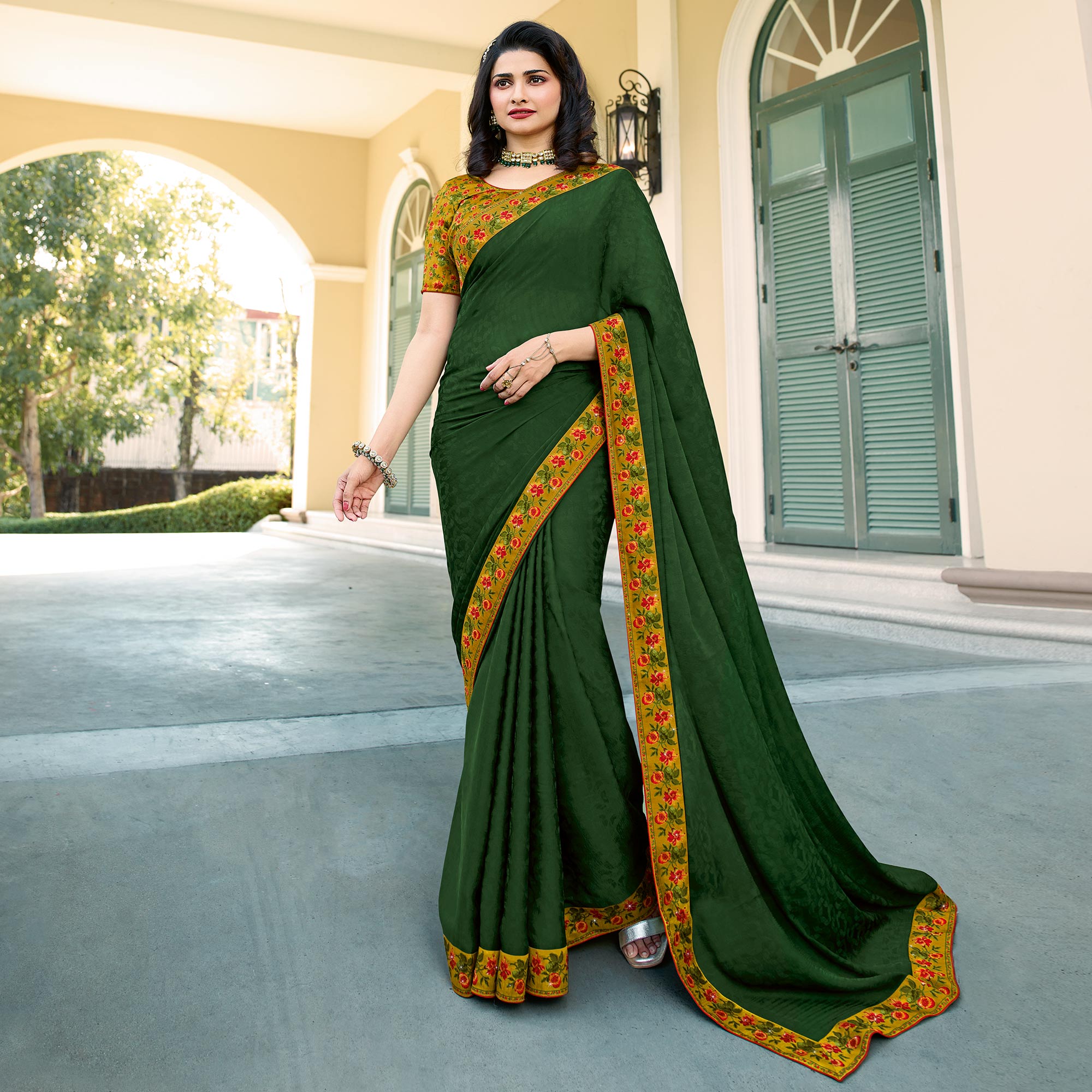 Bottle Green Floral Digital Printed Georgette Saree