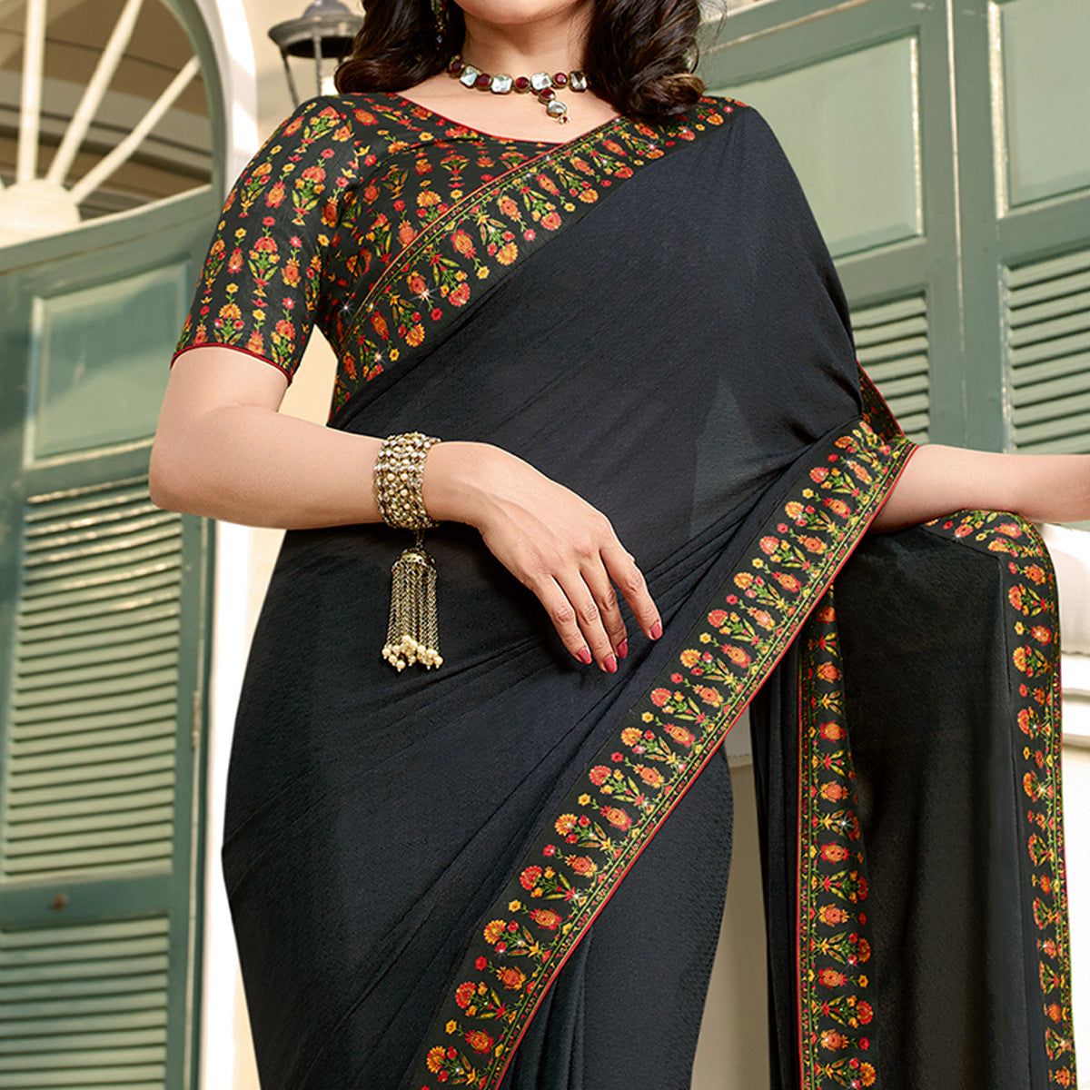 Black Floral Digital Printed Georgette Saree