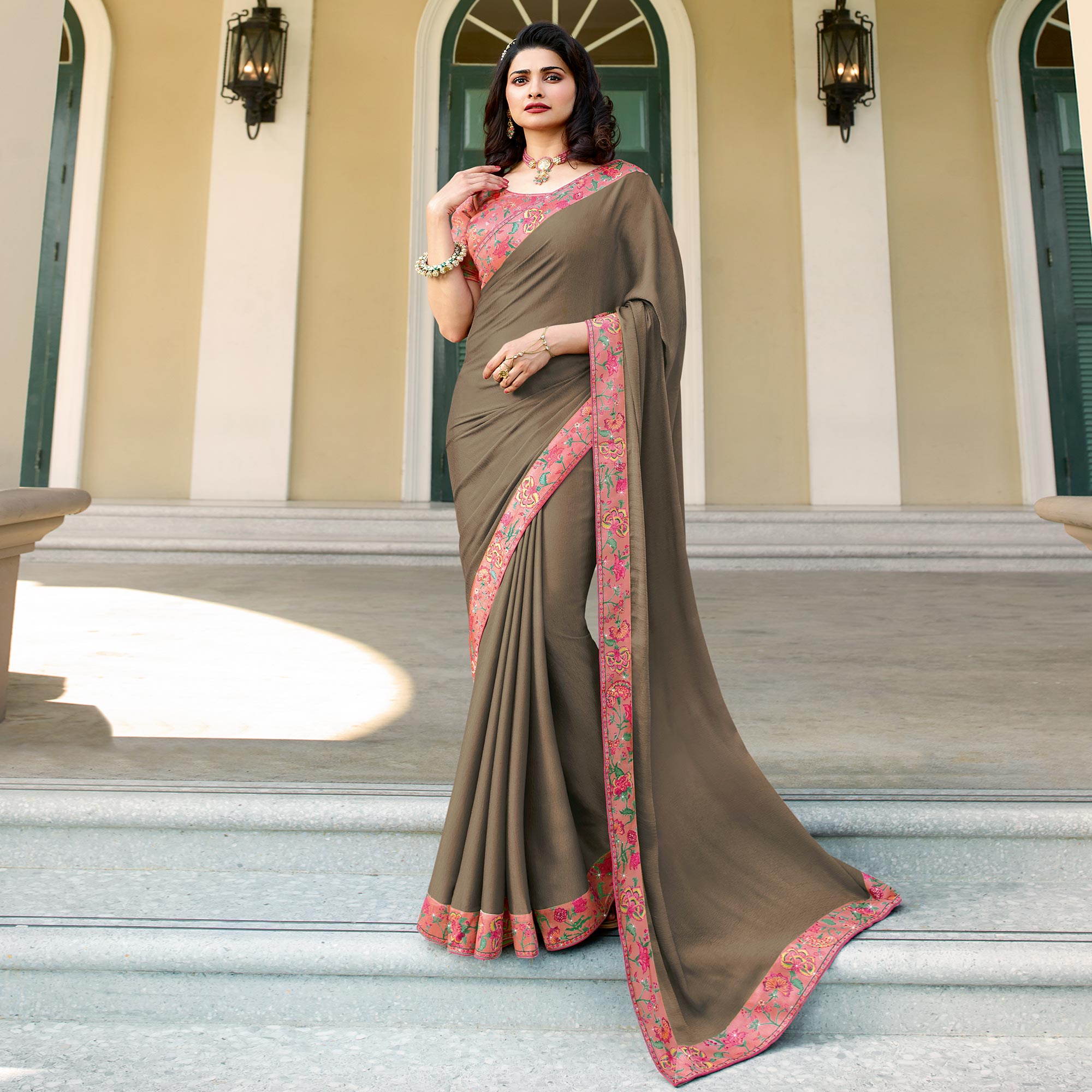 Brown Floral Digital Printed Georgette Saree