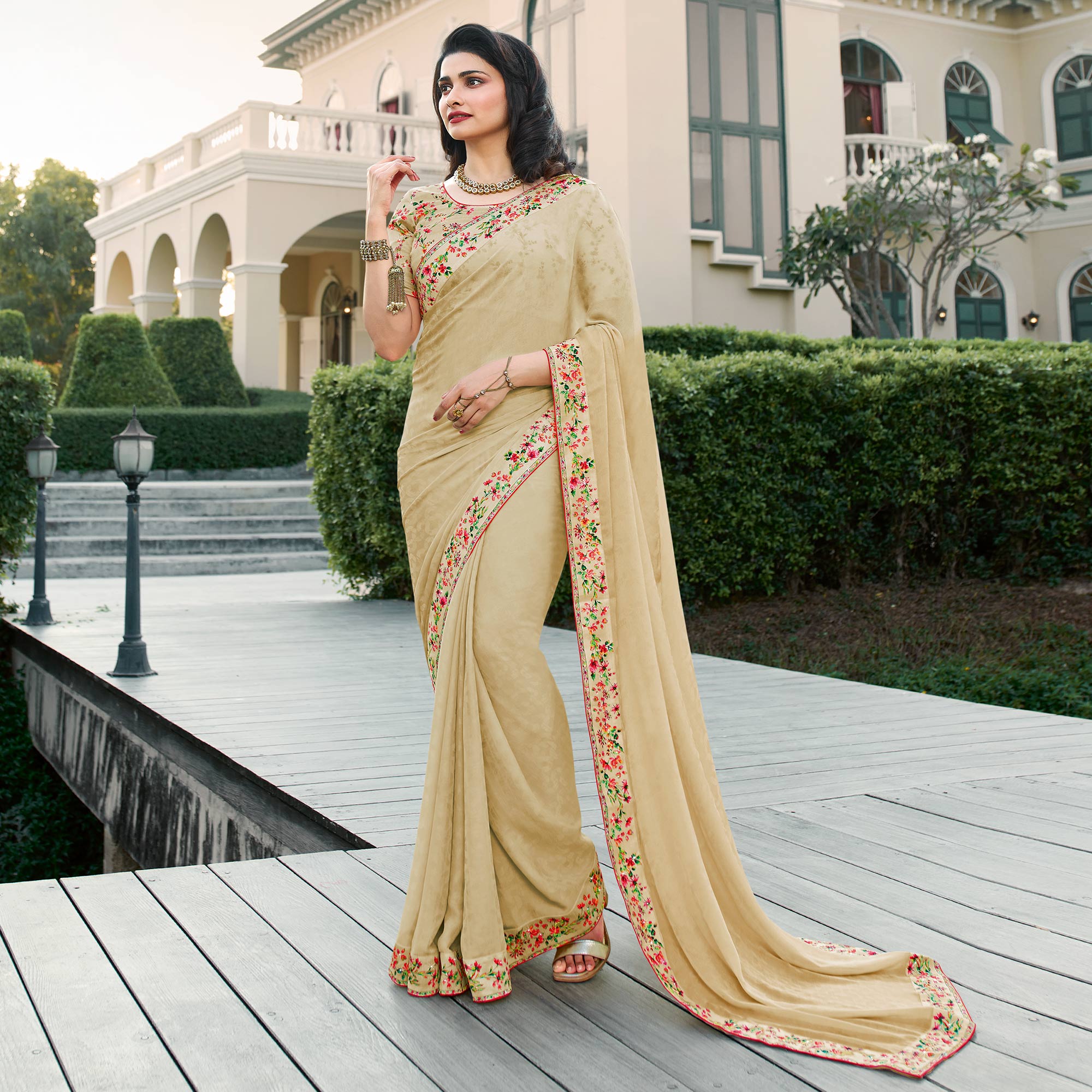 Green Color With Golden Lace Border Georgette Saree – Shasmis