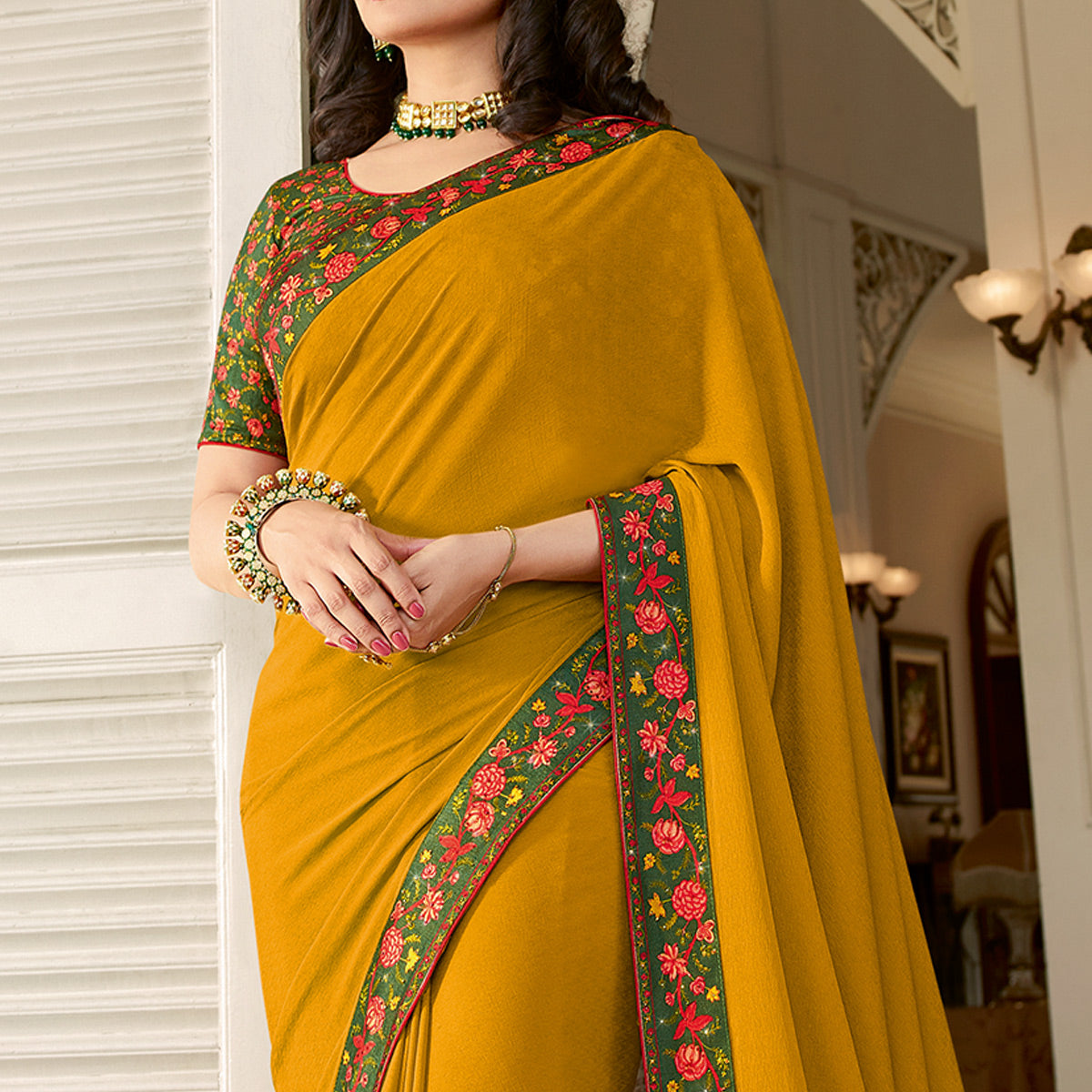 Mustard Floral Digital Printed Georgette Saree