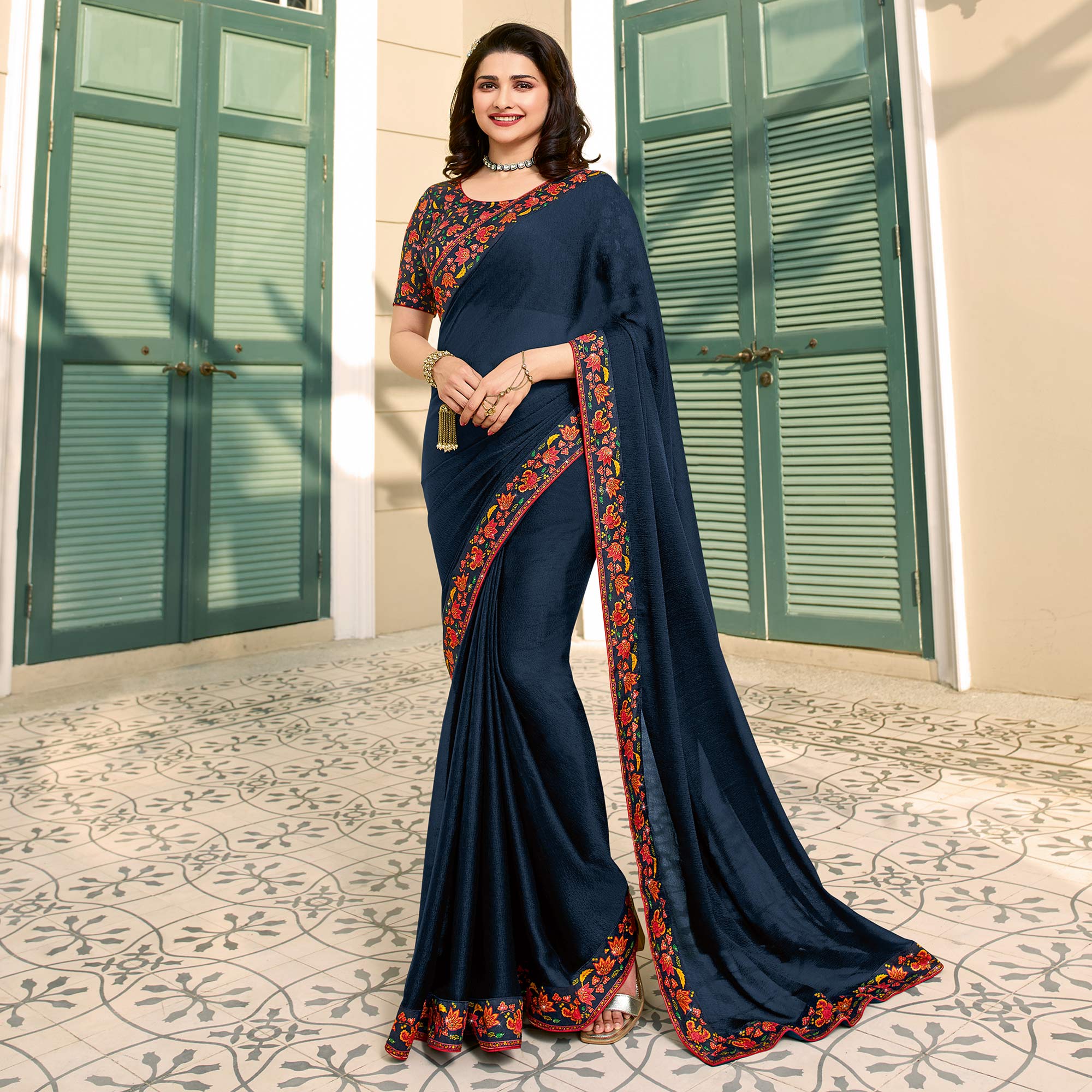 Navy Blue Floral Digital Printed Georgette Saree