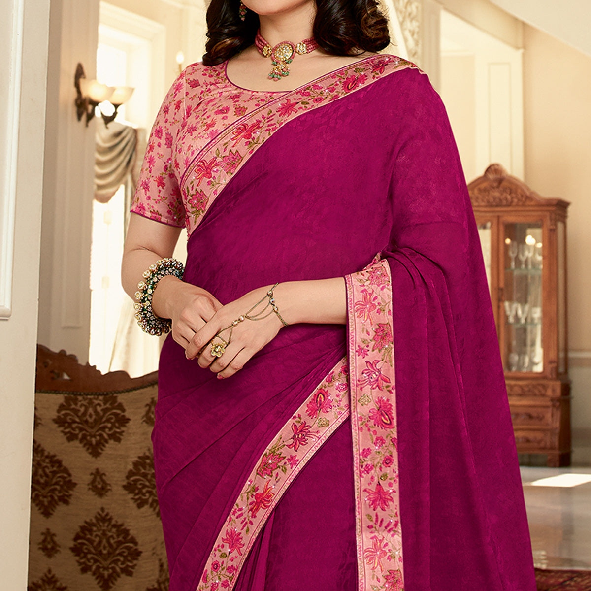 Pink Floral Digital Printed Georgette Saree