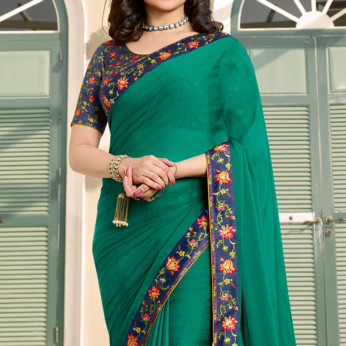 Turquoise Floral Digital Printed Georgette Saree