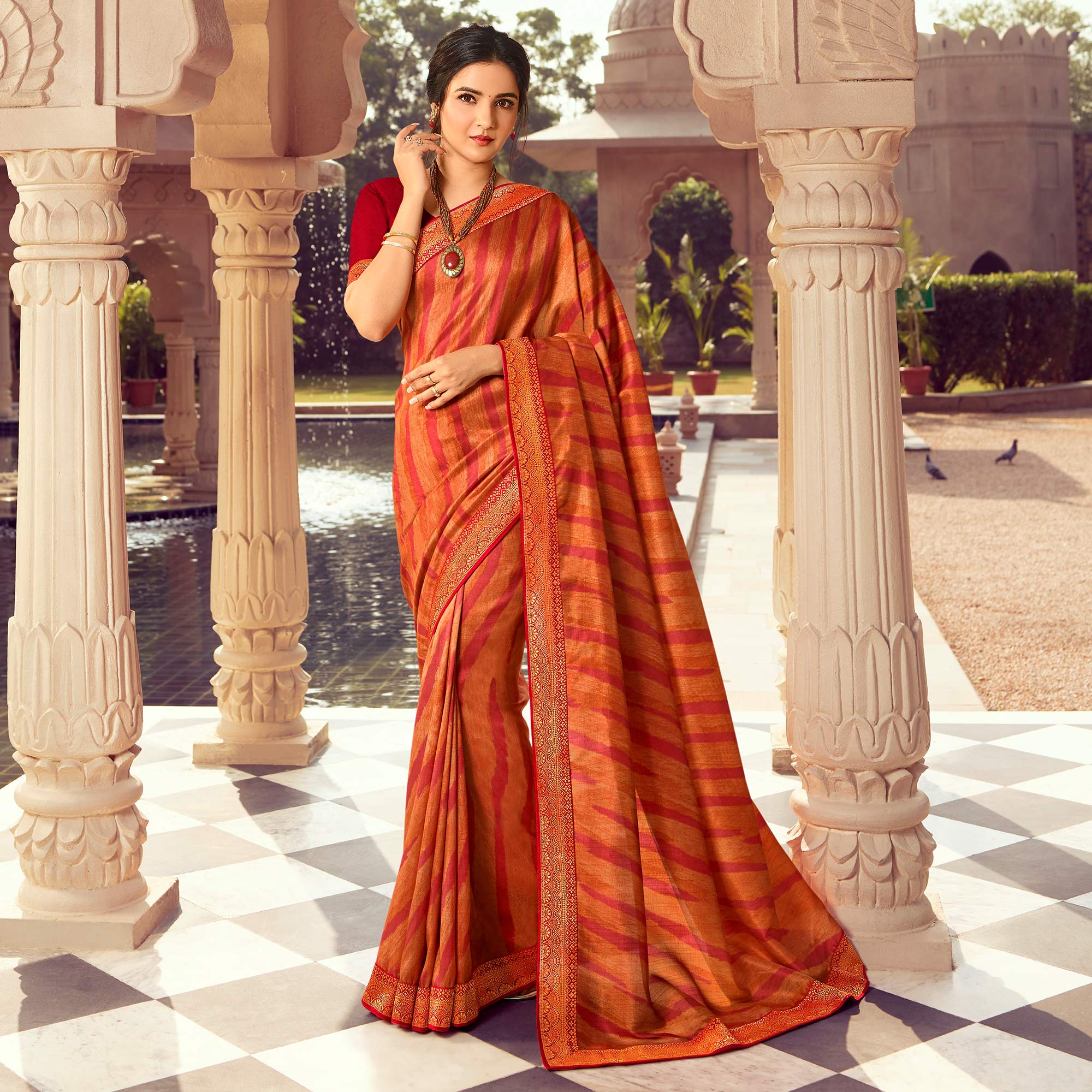 Orange Printed Art Silk Saree