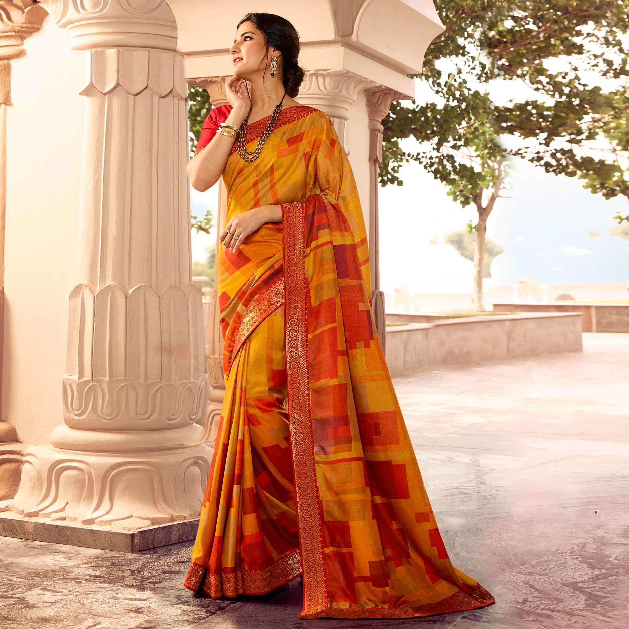 Yellow Printed Art Silk Saree