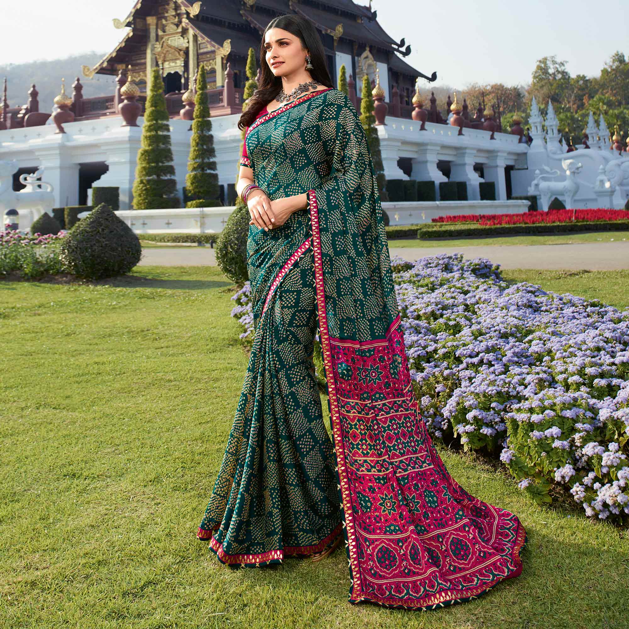 Dark Green Bandhani Printed Chiffon Saree