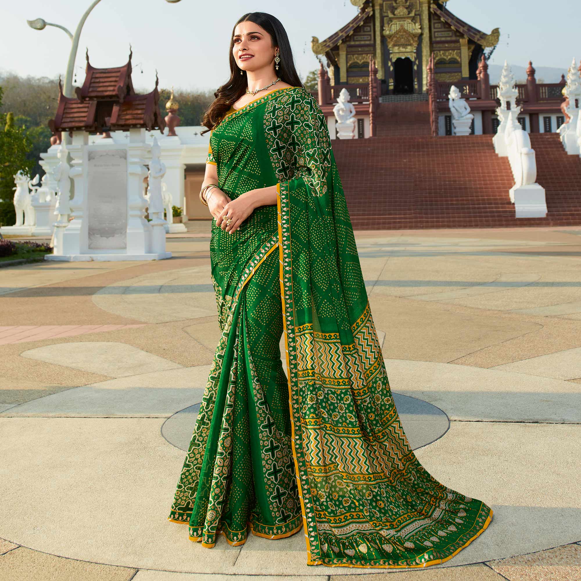 Green Bandhani Printed Chiffon Saree