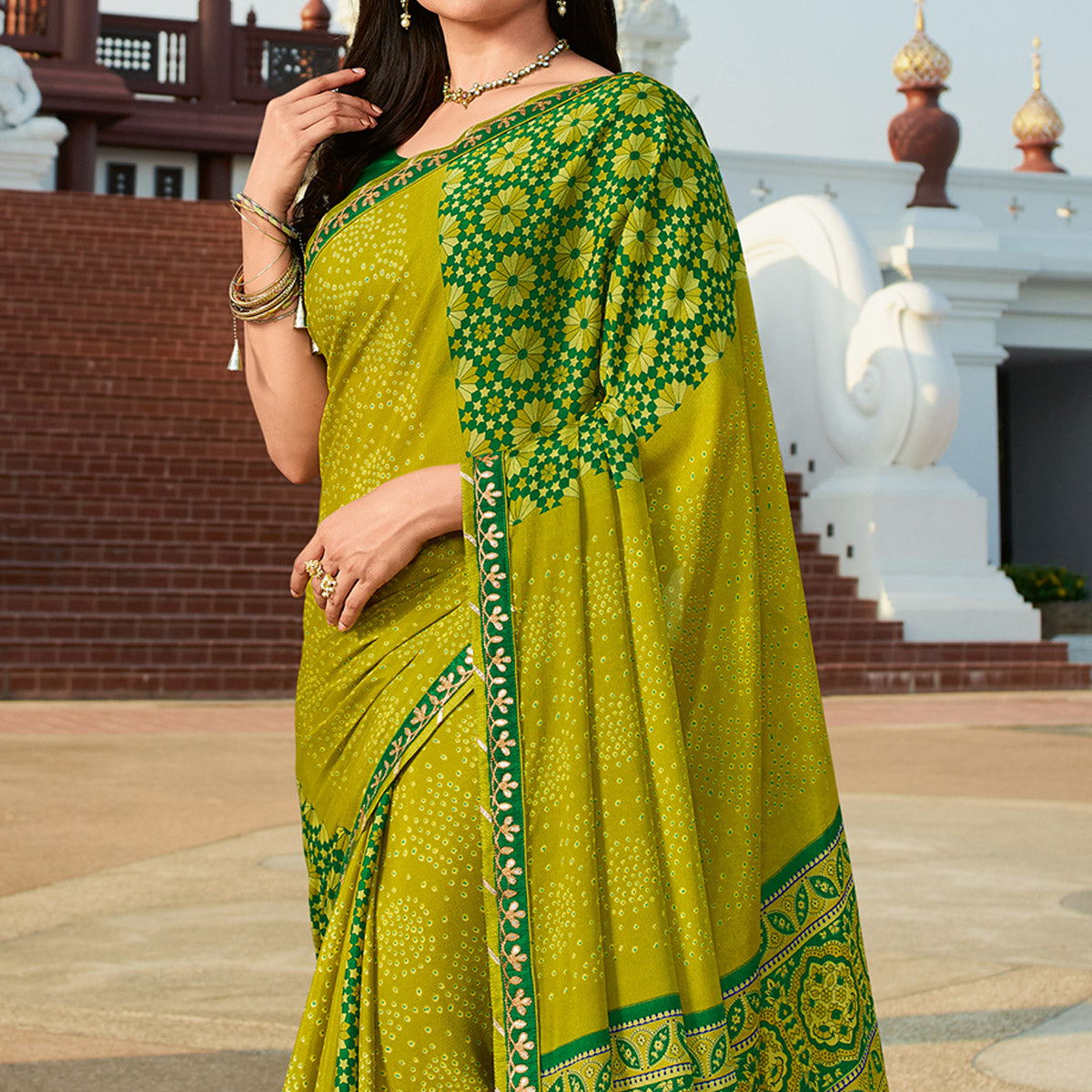 Olive Green Bandhani Printed Chiffon Saree