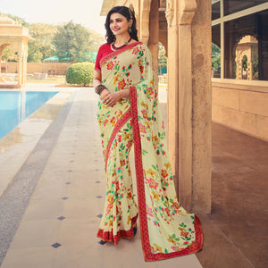 Beige Floral Printed Georgette Saree