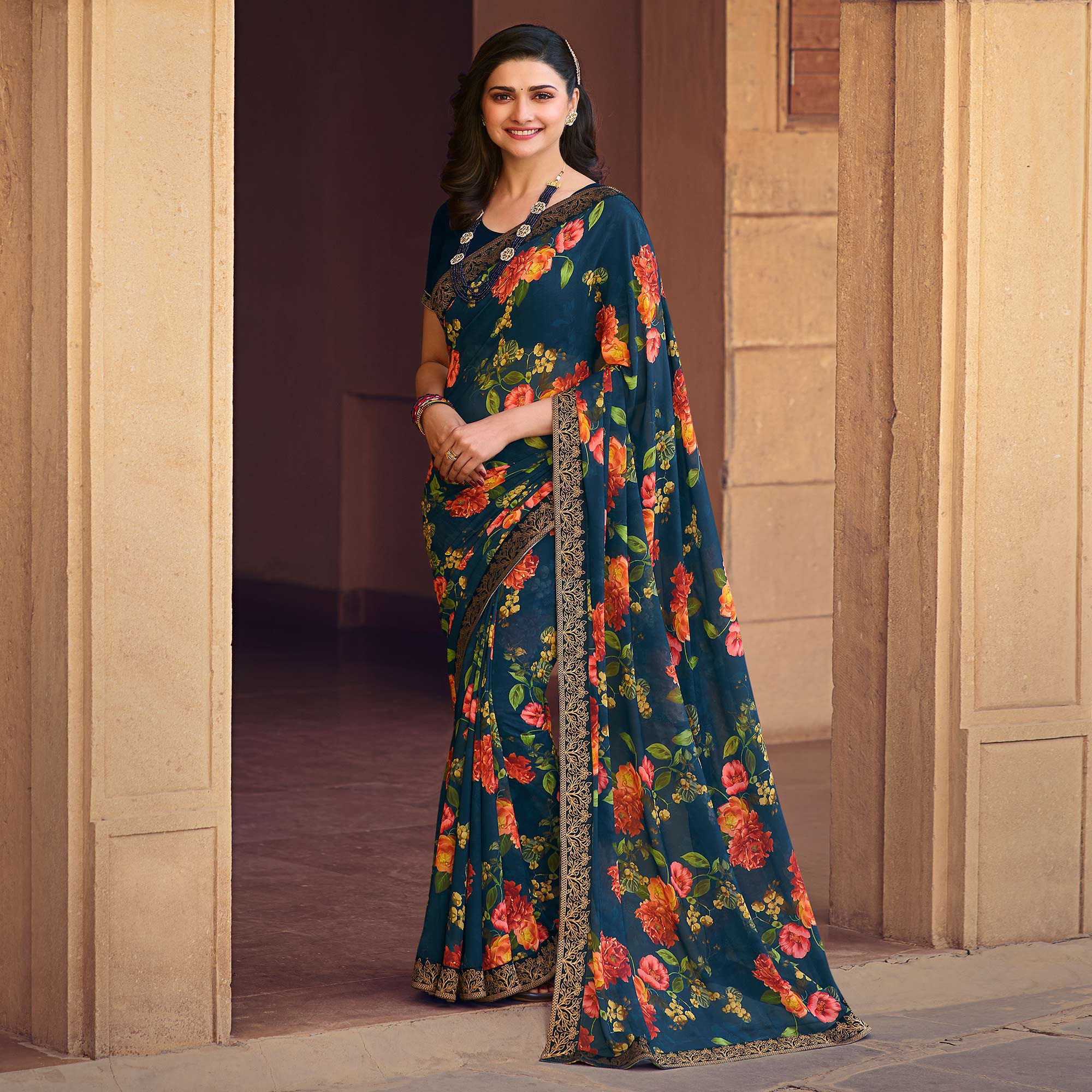 Navy Blue Floral Printed Georgette Saree