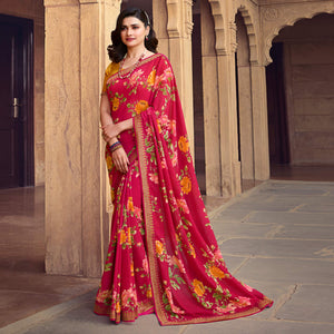 Red Floral Printed Georgette Saree