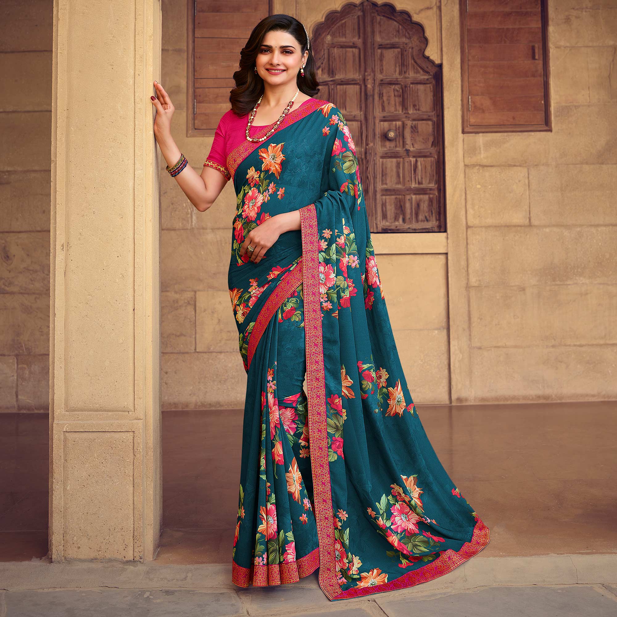 Teal Blue Floral Printed Georgette Saree