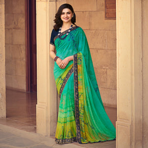 Turquoise Floral Printed Georgette Saree