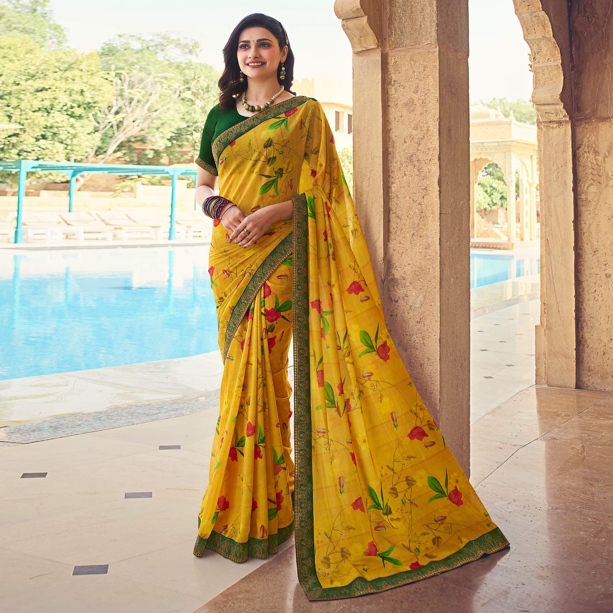 Yellow Floral Printed Georgette Saree