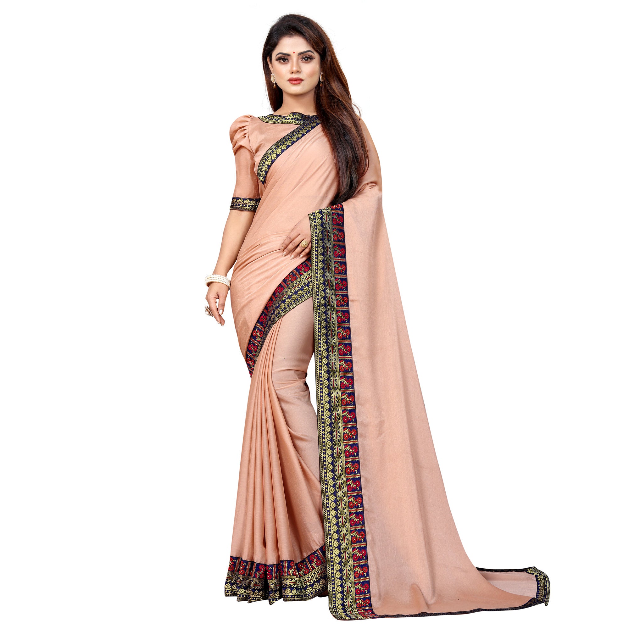 Beige Solid With Woven Border Vichitra Silk Saree