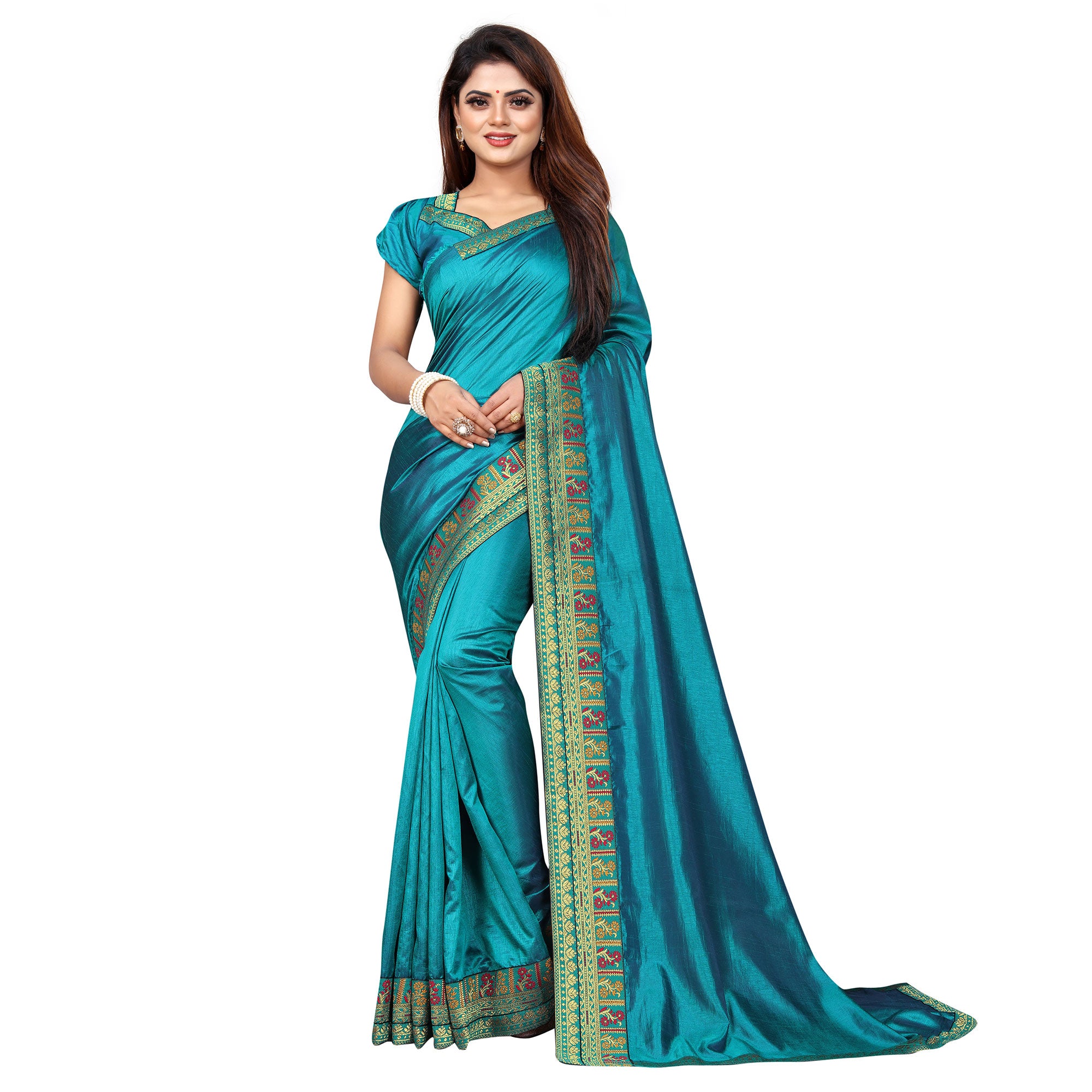 Turquoise Solid With Woven Border Vichitra Silk Saree