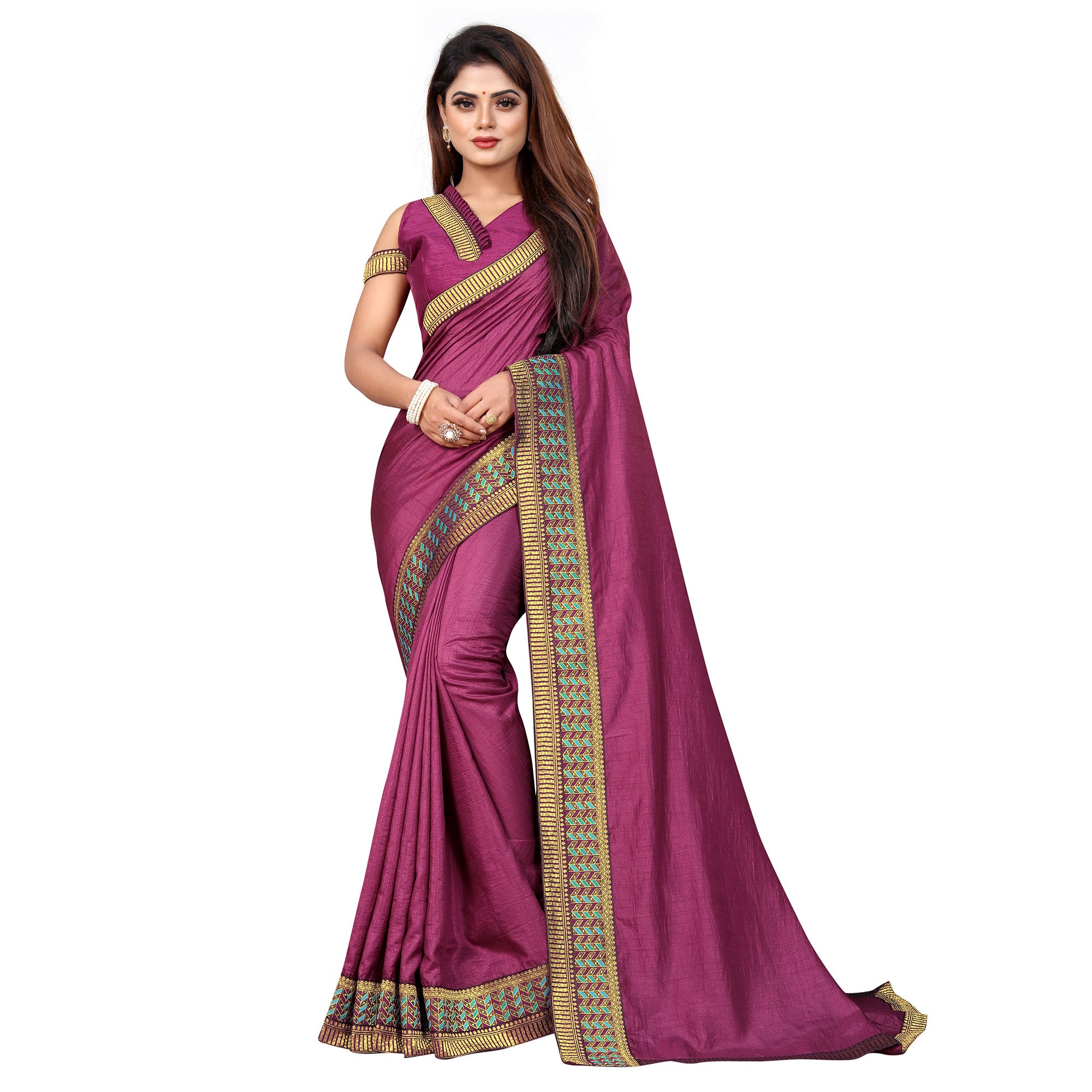 Wine Solid With Woven Border Vichitra Silk Saree