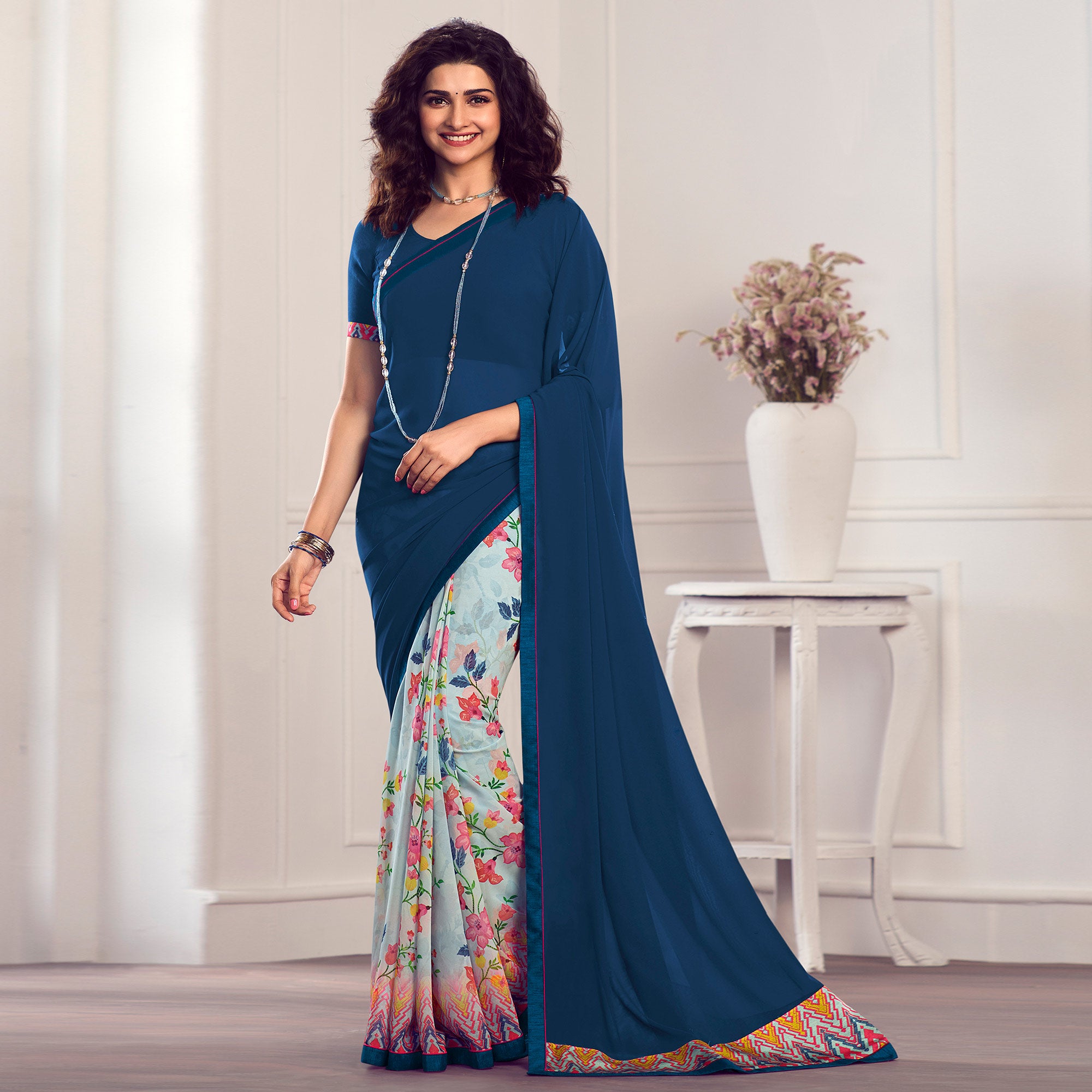 Blue Floral Printed Georgette Saree