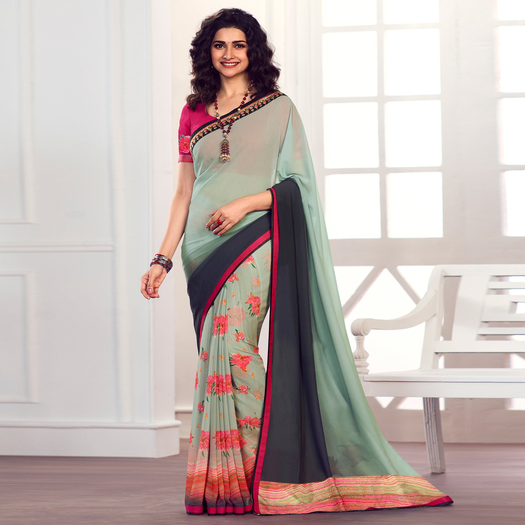 Light Green Floral Printed Georgette Saree