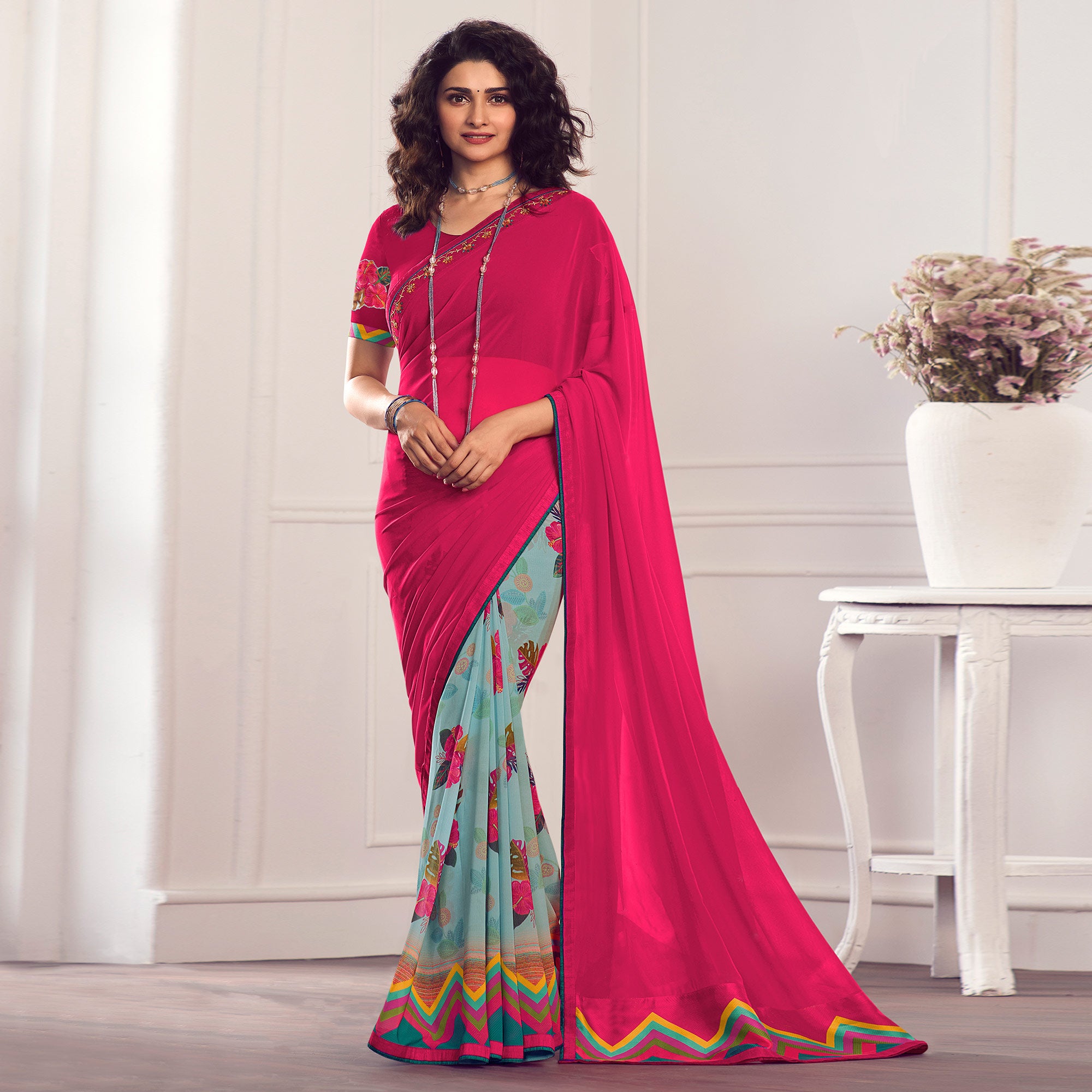 Pink Floral Printed Georgette Saree