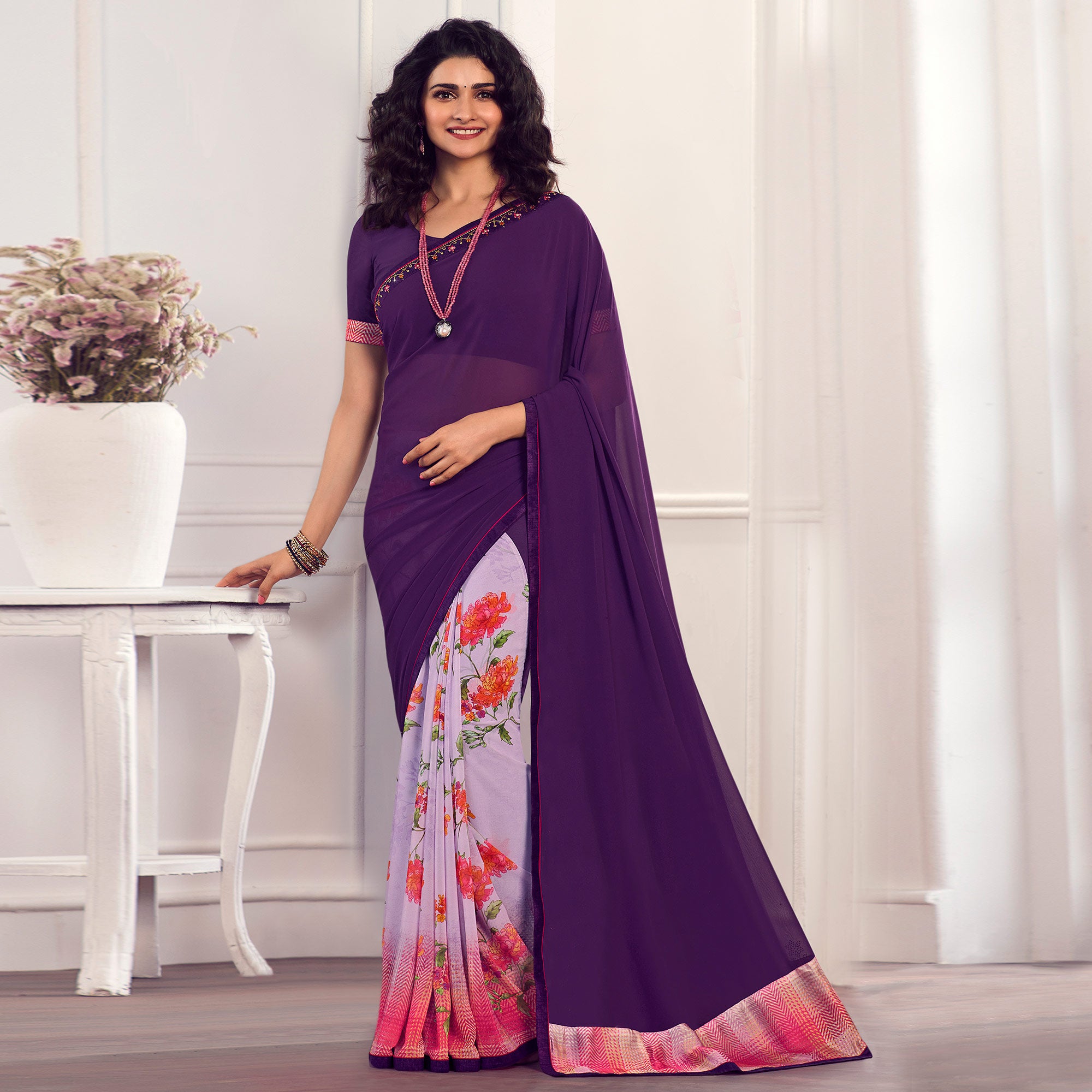 Swtantra Purple & Pink Plain Saree With Unstitched Blouse