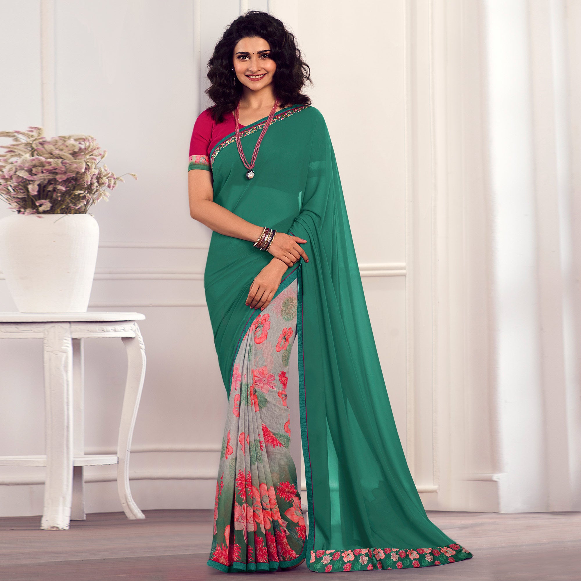 Rama Green Floral Printed Georgette Saree