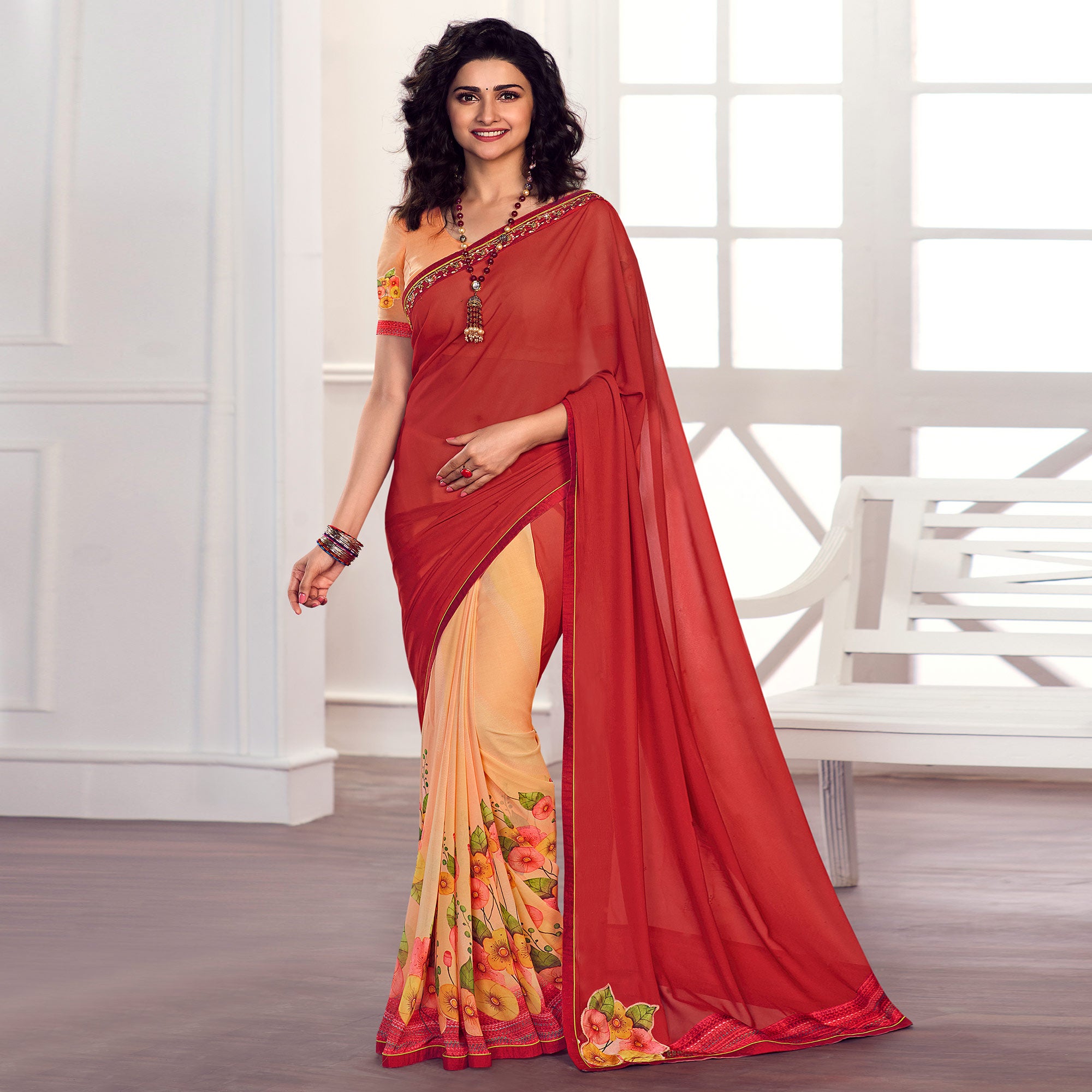 Red Floral Printed Georgette Saree