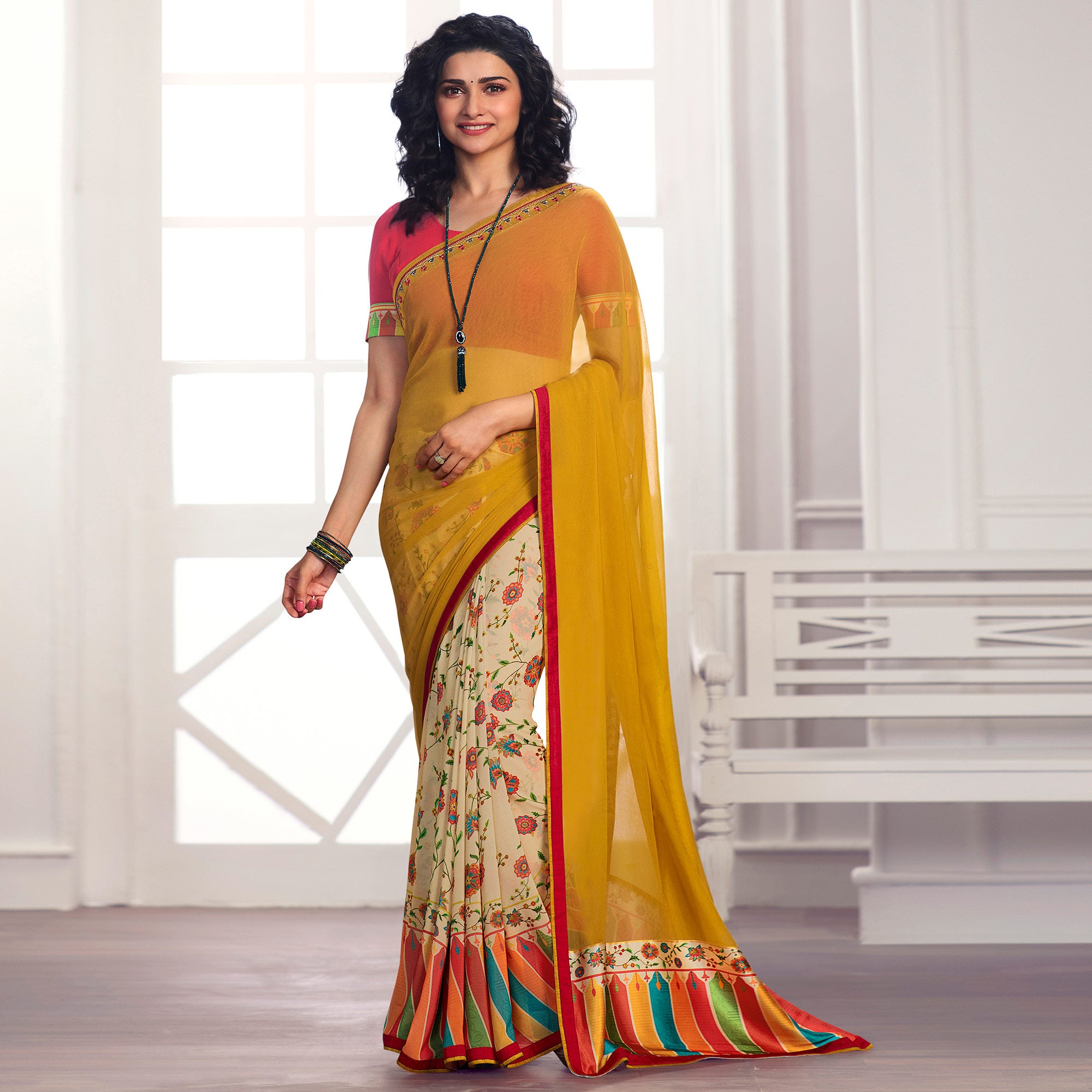 Yellow Floral Printed Georgette Saree