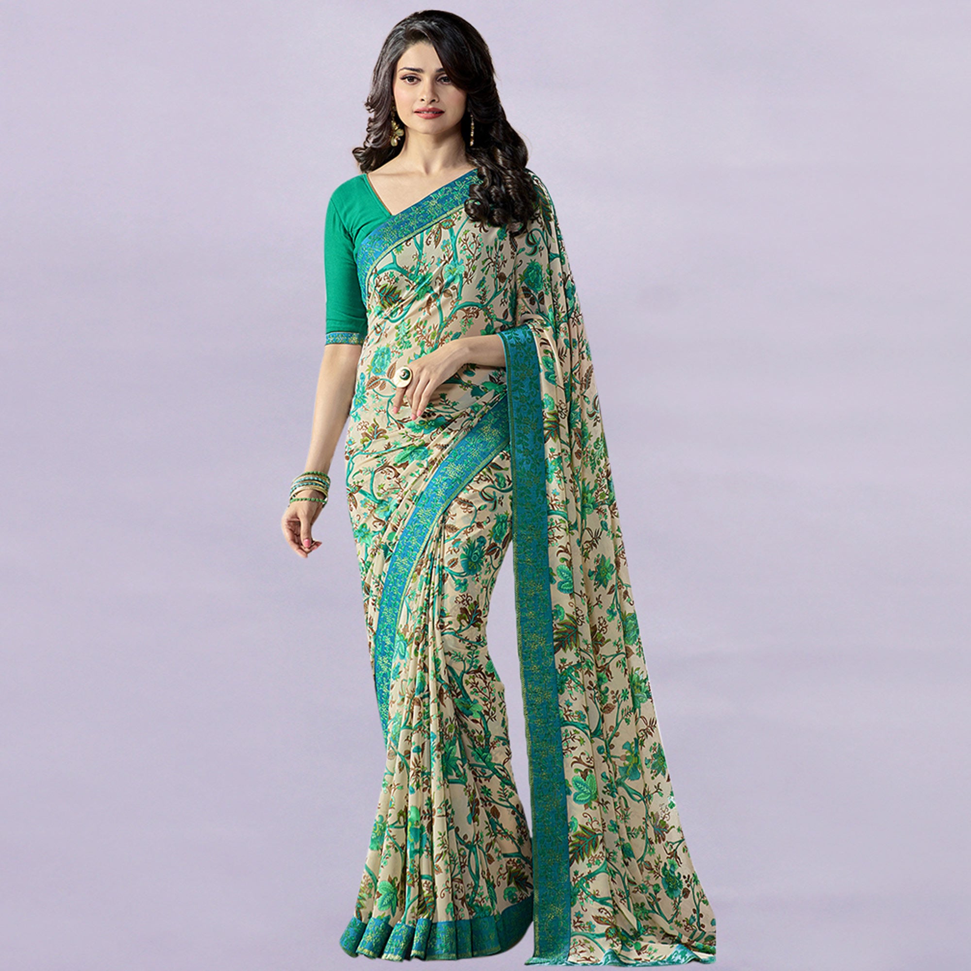 Beige Floral Printed Georgette Saree