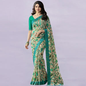 Beige Floral Printed Georgette Saree