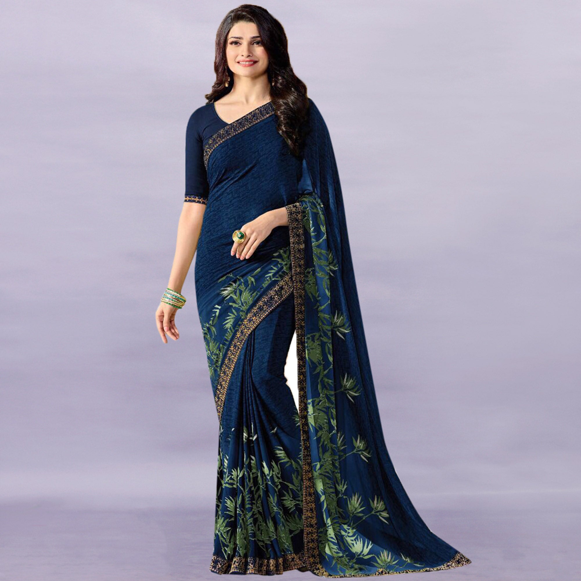 Dark Blue Floral Printed Georgette Saree