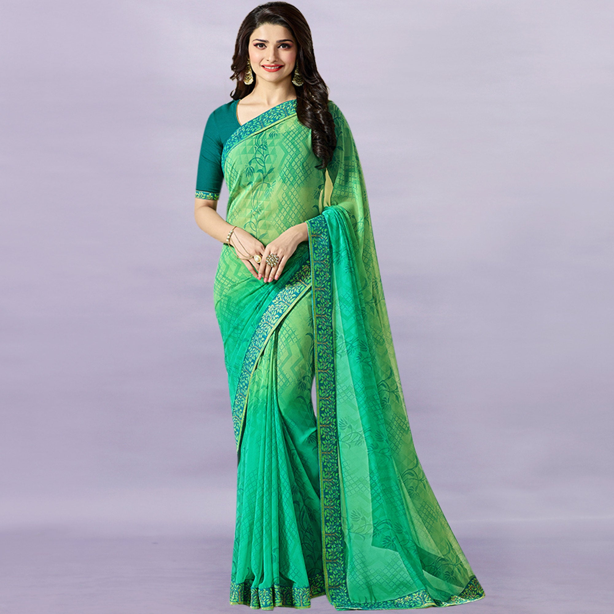 Green Floral Printed Georgette Saree