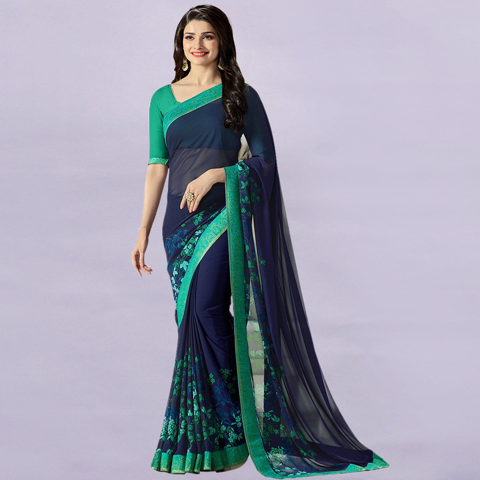 Navy Blue Floral Printed Georgette Saree