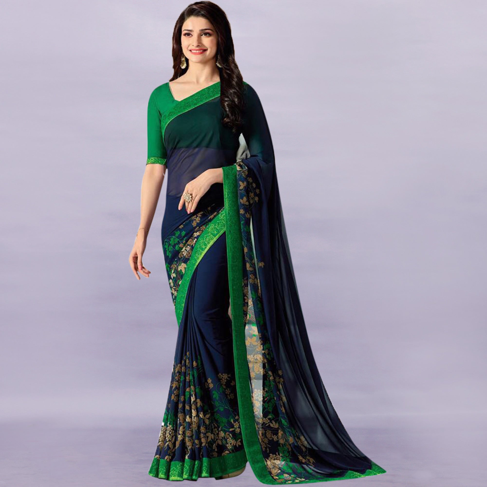 Navy Blue & Green Floral Printed Georgette Saree