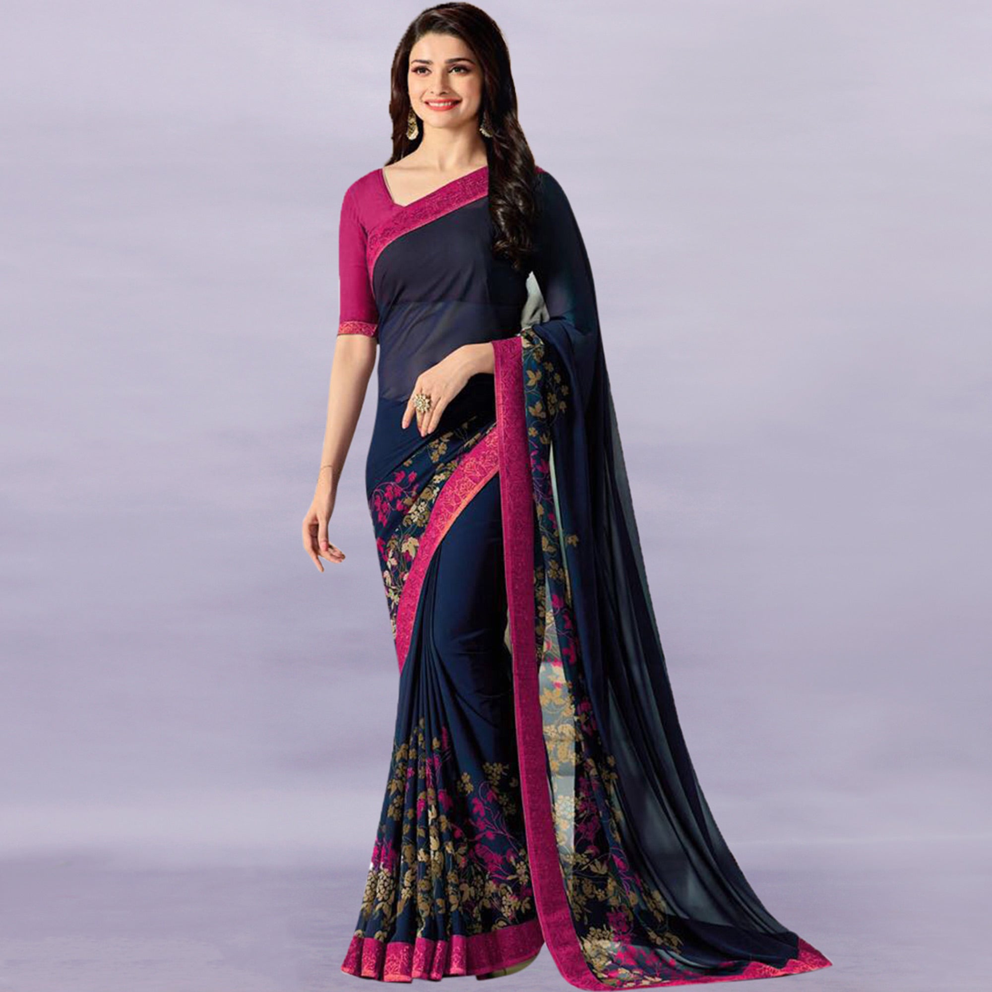 Navy Blue & Pink Floral Printed Georgette Saree